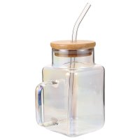 Iridescent Glass Tumbler with Handle and Lid Reusable Straw Cup for Bubble Tea Juice Iced Coffee