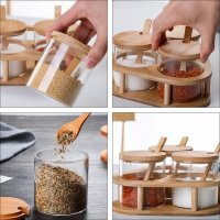 3Pcs Condiment Spice Jar Set - Glass Seasoning Food Storage Containers With Bamboo Lid & Spoon Rack