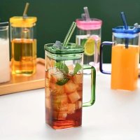1x Mug Random Colour Square Glass Sipper Tumbler 320ml