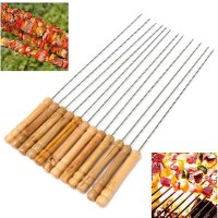 Barbecue Skewers，Meccion 12Pcs Stainless Steel Barbecue String with Wooden Handle BBQ Stick Needles
