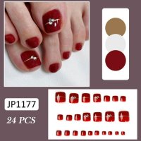  Elevate Your Style with Our Glossy Wine Red Glitter False Toenails